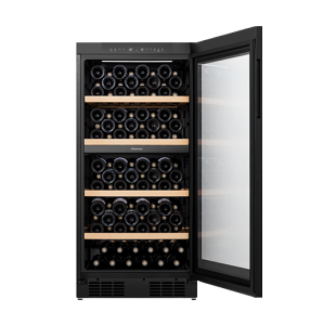 RW3N230GALF- 108 bottle Wine cooler, Dual Temp Zone, Low Noise, Reversible Door, 59.5x59.7x126.2 cm (W/D/H), Black.